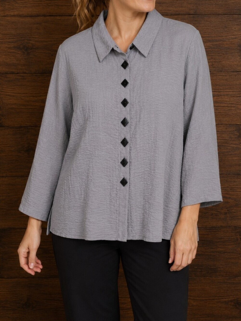 Yushi Crinkle Textured Button-Front Gray Lagenlook Blouse Tunic Women Size Small